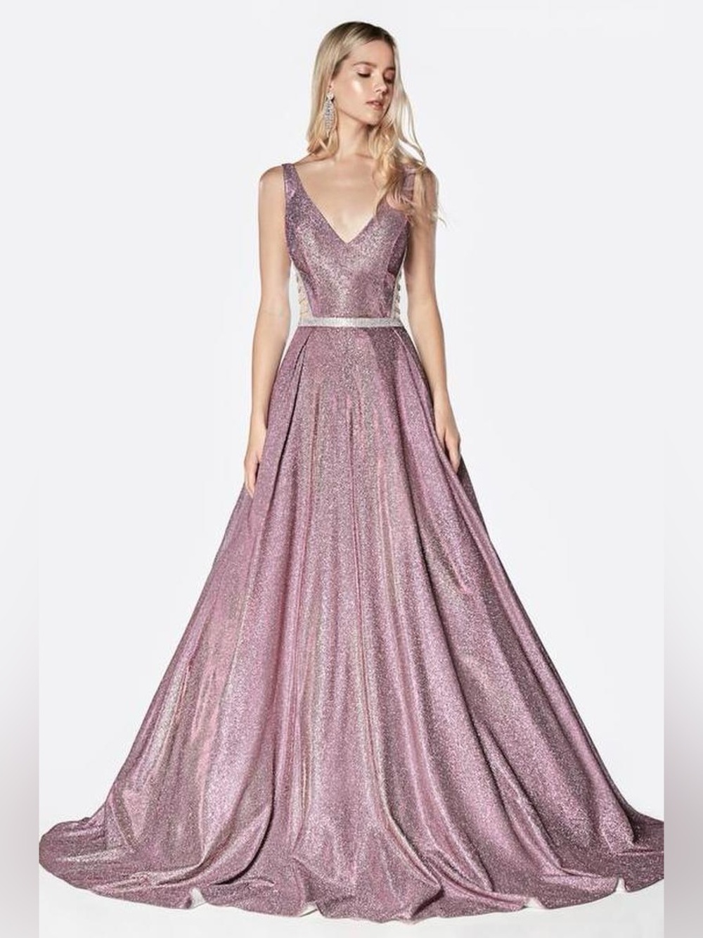 Cinderella Shimmery Rose-Pink V-Neck Ball /Prom Gown